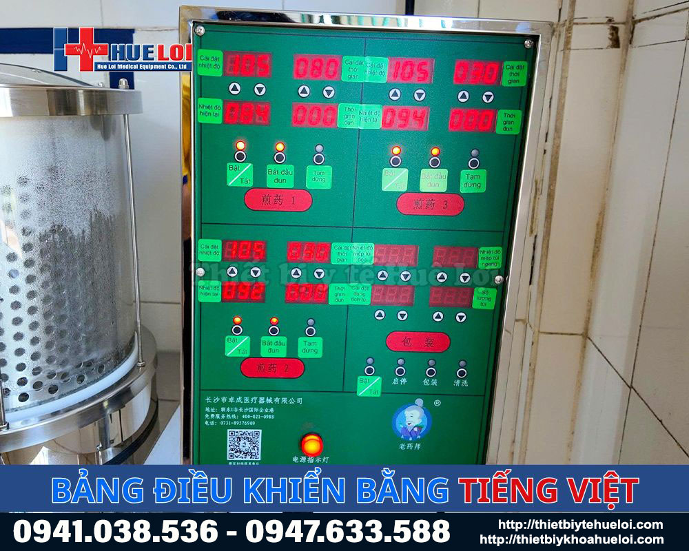 Bảng điều khiển máy sắc thuốc nồi inox tự động 3 nồi đun